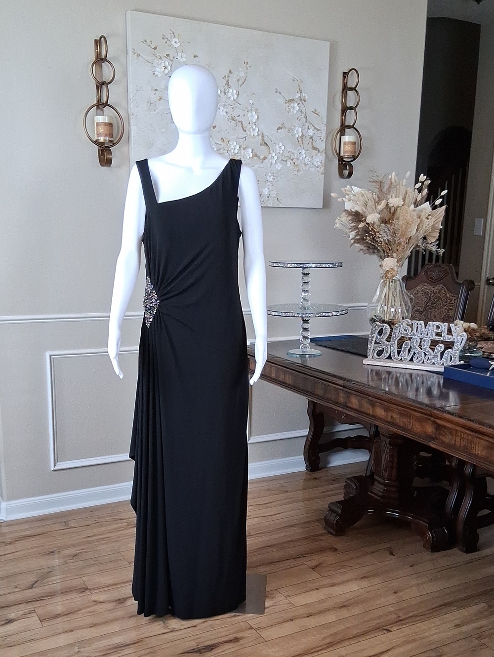 Women's Black Embellished Floor-Length Evening Gown By Cachet  Size 14 - Picture 10 of 15